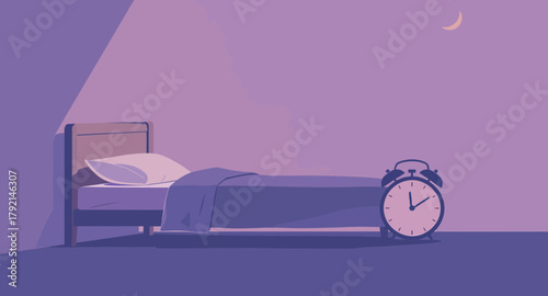 Bedroom at night with bed, alarm clock, and moon in the sky.