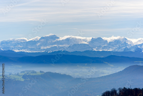 Aerial view of beautiful Swiss autumn landscape with Swiss Alps seen from local mountain Uetliberg on a sunny autumn day. Photo taken October 29th, 2025, Zurich Uetliberg, Switzerland.
