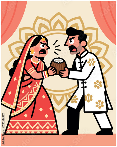 Indian couple arguing intensely over a broken coconut