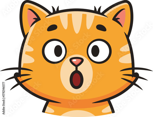 A cartoon head of a surprised or astonished orange tabby cat, featuring large wide eyes and a dropped-open mouth, rendered in a bright flat vector style.