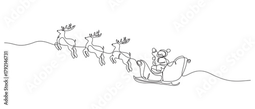 Continuous one line art drawing Christmas Santa Claus and Reindeer Sleigh Flying,Santa's Sleigh with Reindeer Continuous Line Art Christmas vector,