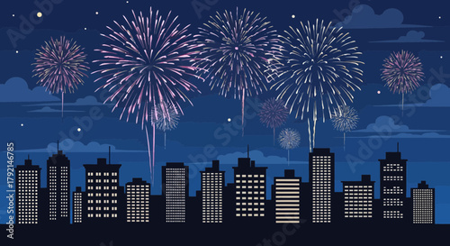 A vibrant fireworks display illuminates the night sky above a silhouetted cityscape.