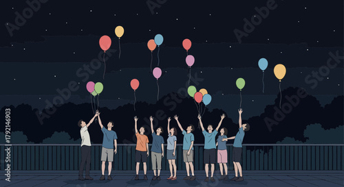 A group of people releasing colorful balloons into the night sky, celebrating an event.