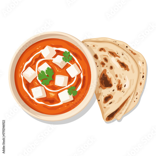 Paneer Butter Masala with Naan Bread - Traditional Indian Cuisine Vector Illustration  

