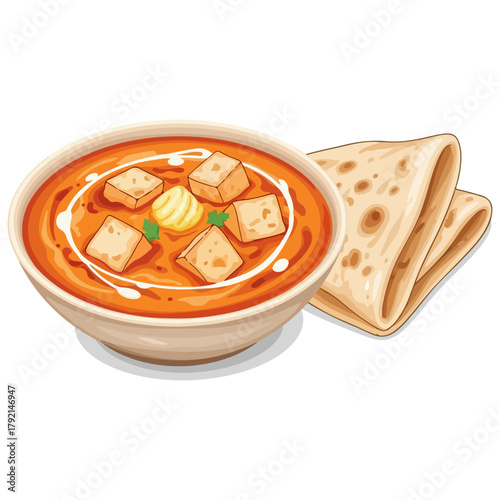 Paneer Butter Masala with Naan Bread - Traditional Indian Cuisine Vector Illustration  

