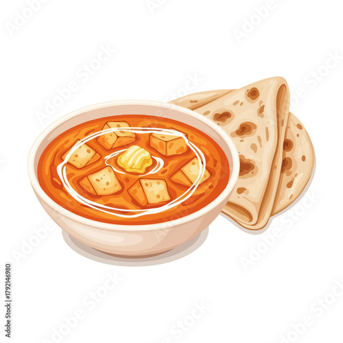 Paneer Butter Masala with Naan Bread - Traditional Indian Cuisine Vector Illustration  

