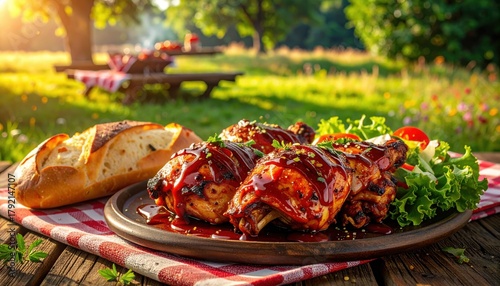 Fototapeta Naklejka Na Ścianę i Meble -  Barbecue chicken legs on plate at a summer picnic in the park