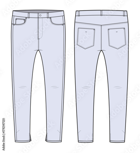 Men's jeans pant technical flat sketch vector mockup illustration.