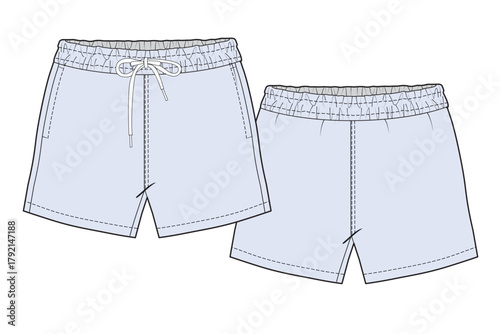 Gym shorts pant technical flat sketch vector mockup template.