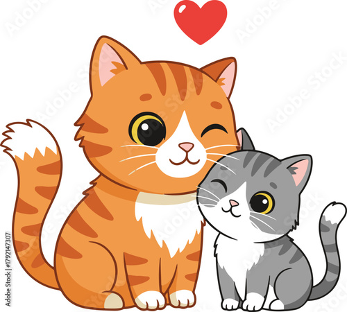 A charming flat vector illustration of two cute cartoon cats, an orange tabby and a grey tabby, sitting closely together with a red heart floating above them, representing love and affection.