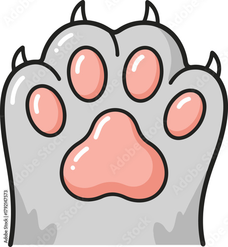 A cute, stylized flat vector illustration of an animal paw print, likely a cat or dog, with grey fur, pink pads, and visible claws.