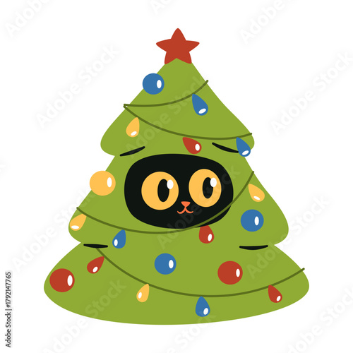 A cute black cat dressed as a Christmas tree. Vector illustration in a simple children's style. . Vector illustration