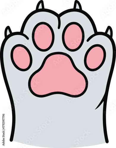 A cute, stylized flat vector illustration of an animal paw print, likely a cat or dog, with light grey fur, pink pads, and visible claws