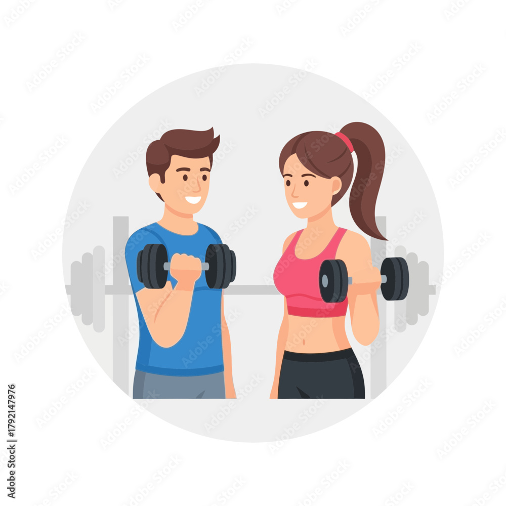 Fototapeta premium Man and woman lifting dumbbells smiling fitness exercise workout training together.