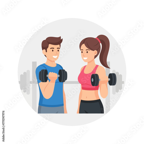 Man and woman lifting dumbbells smiling fitness exercise workout training together.