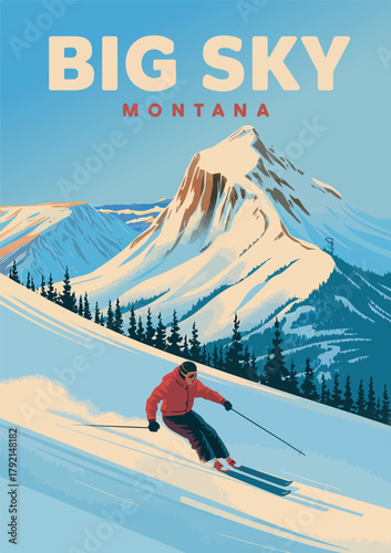 Big sky resort montana vintage poster illustration design for ski and winter travel