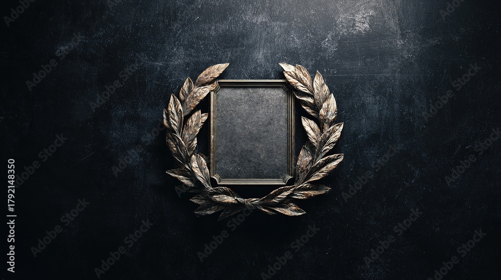 Fototapeta premium Vintage laurel wreath with plaque, aged and metallic, on a dark textured background, centered view, copy space