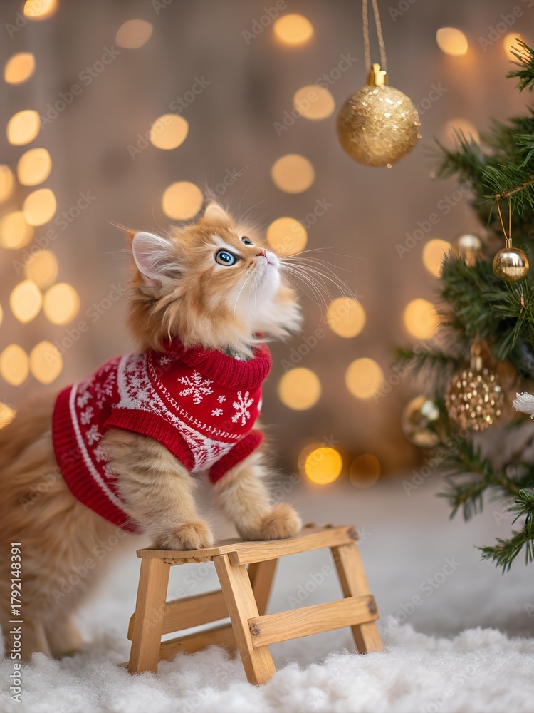Obraz premium A cute ginger kitten in a Christmas sweater reaching for a golden ornament.