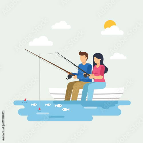 Couple fishing together using fishing rods on water under a sunny sky.