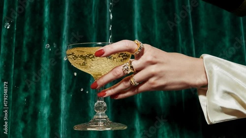 Crystal coupe with champagne splash freezes in mid air as golden liquid sparkles against velvet curtains celebrating party luxury craft drinks and festive nights that friends will remember