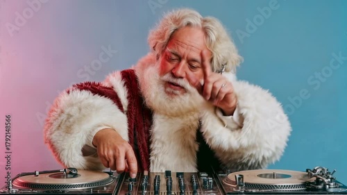 Santa in headphones spins records at a club scene with neon background turning classic holiday cheer into a fun modern party where music dance and festive energy meet for seasonal