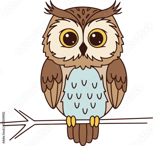 A cute, stylized flat vector illustration of a cartoon owl with large golden eyes and brown/blue plumage, perched on a branch.