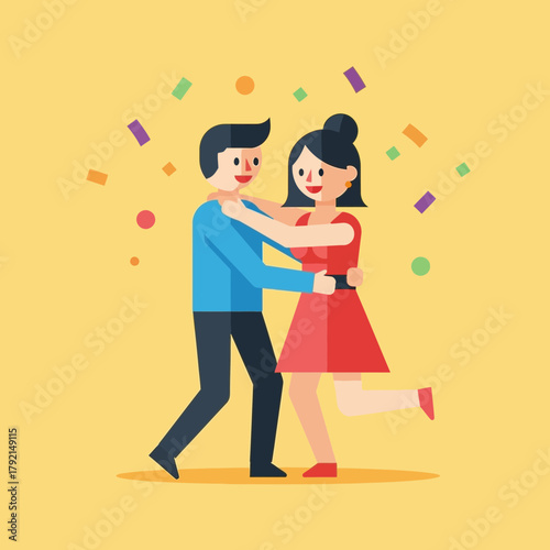 Cartoon couple dancing together surrounded by confetti celebrating a special occasion.