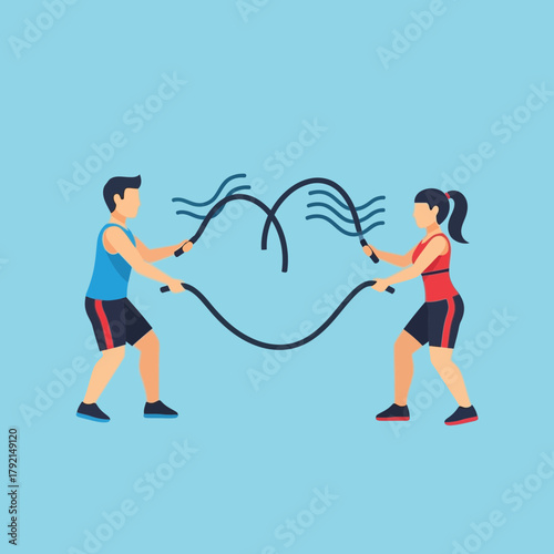 Man and woman exercising with battle ropes fitness workout training together.