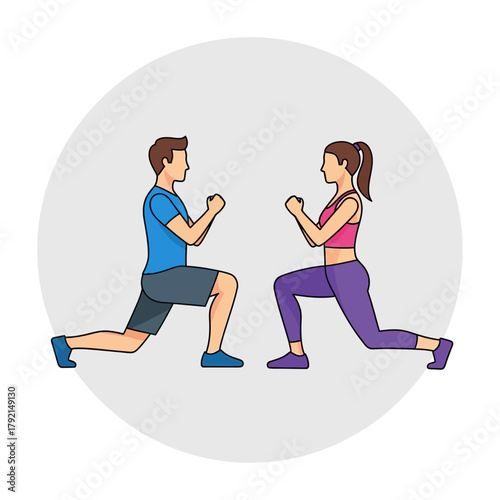 Man and woman performing lunges exercise facing each other fitness workout.