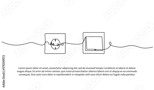 Set of light switches and electric plug one line. Electronic tools. Abstract minimal continuous line isolated on white background.