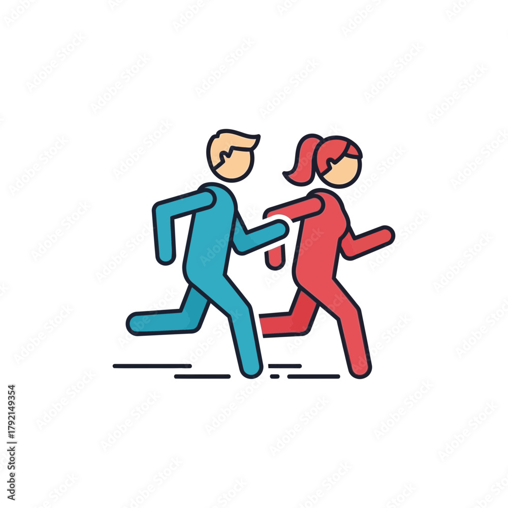 Fototapeta premium Two figures a man and a woman are running side by side.