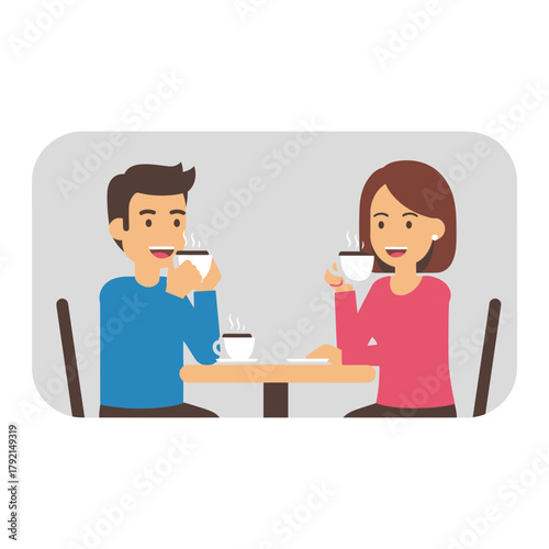 Man and woman sit at table drinking from cups having a conversation.