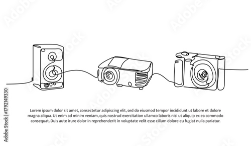 Set of sound, projector and camera one line. Electronic tools. Abstract minimal continuous line isolated on white background.
