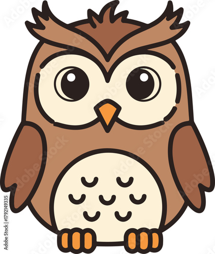  A very cute, chubby brown and beige owl with prominent ear tufts and large eyes, rendered in a simple, flat vector cartoon style.