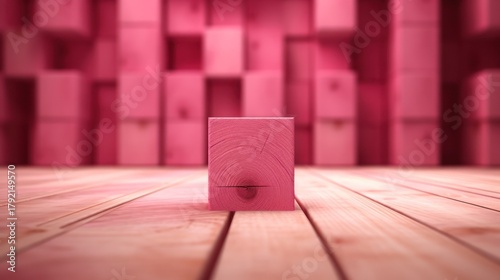 Fototapeta Naklejka Na Ścianę i Meble -  3d render, abstract geometric shapes, pink and red cubic blocks, wooden floor, blurred background, minimalist design, symmetry, clean composition, 3d render, geometric shapmodern art, studio lighting
