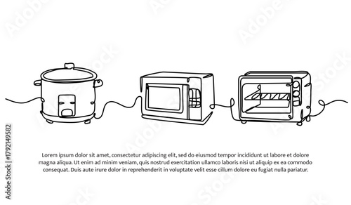 Set of rice cooker and oven one line. Electronic tools. Abstract minimal continuous line isolated on white background.