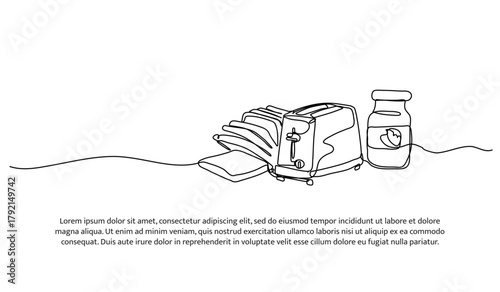 Set of toasters and jam one line. Electronic tools. Abstract minimal continuous line isolated on white background.