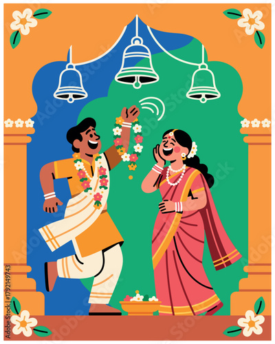Indian couple celebrating traditional festival joyfully ringing temple bells