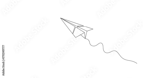 A single line continuous drawing of a paper airplane soaring through the sky, representing creativity and imagination