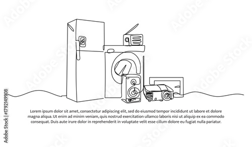 Set of refrigerator, washing machine, sound and projector one line. Electronic tools. Abstract minimal continuous line isolated on white background.