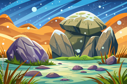 Snow falling gently over rocky meadow with tall grass frozen beneath white blanket wallpaper background