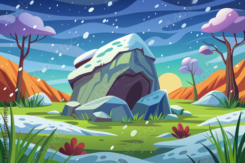 Snow falling gently over rocky meadow with tall grass frozen beneath white blanket wallpaper background