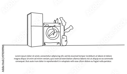 Set of refrigerator and washing machine one line. Electronic tools. Abstract minimal continuous line isolated on white background.