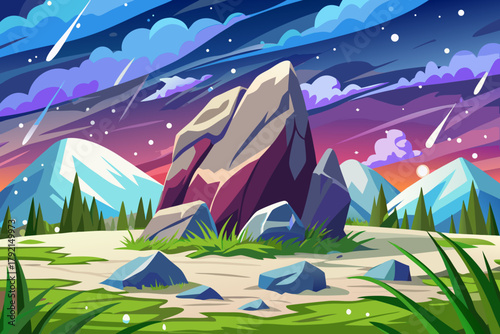 Snow falling gently over rocky meadow with tall grass frozen beneath white blanket wallpaper background