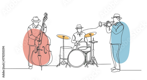 One line continuous drawing of jazz musicians with a double bass, drums, and trumpet in a minimalistic style