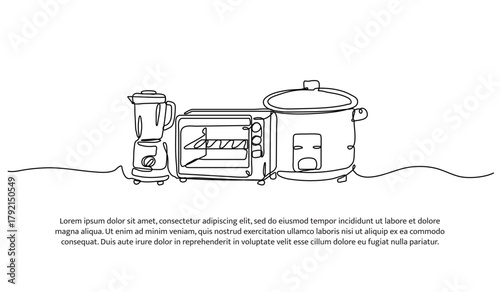 Set of blender, oven and rice cooker one line. Electronic tools. Abstract minimal continuous line isolated on white background.