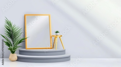 Stylish Stage Display with Mirror, Plant, and Stand in Soft Light Environment
