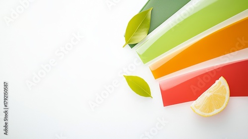 Vibrant Colored Layers with Citrus Slice and Fresh Leaves on Clean Background