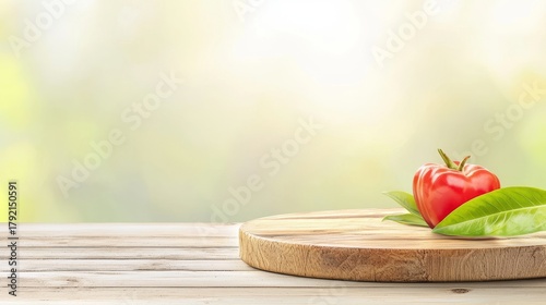 Fresh Red Bell Pepper on Wooden Board with Blurred Natural Background