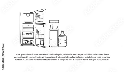 Set of refrigerator and water dispenser one line. Electronic tools. Abstract minimal continuous line isolated on white background.